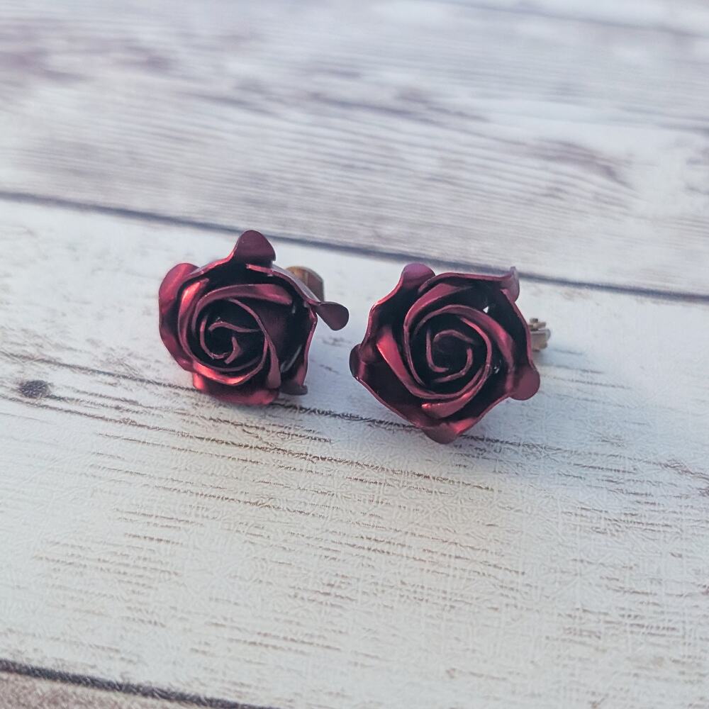 Vintage Clip On Earrings Metallic Red Rose